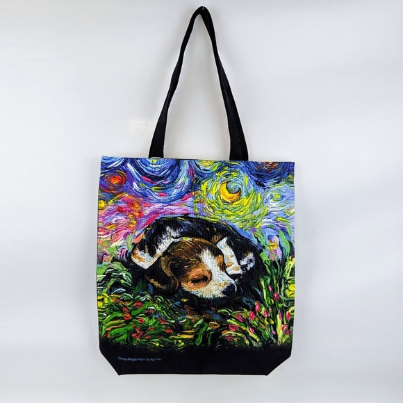 Tote Bag Sleepy Beagle Night By Aja Trier Poly Poplin Multicolor NWT - Picture 1 of 9